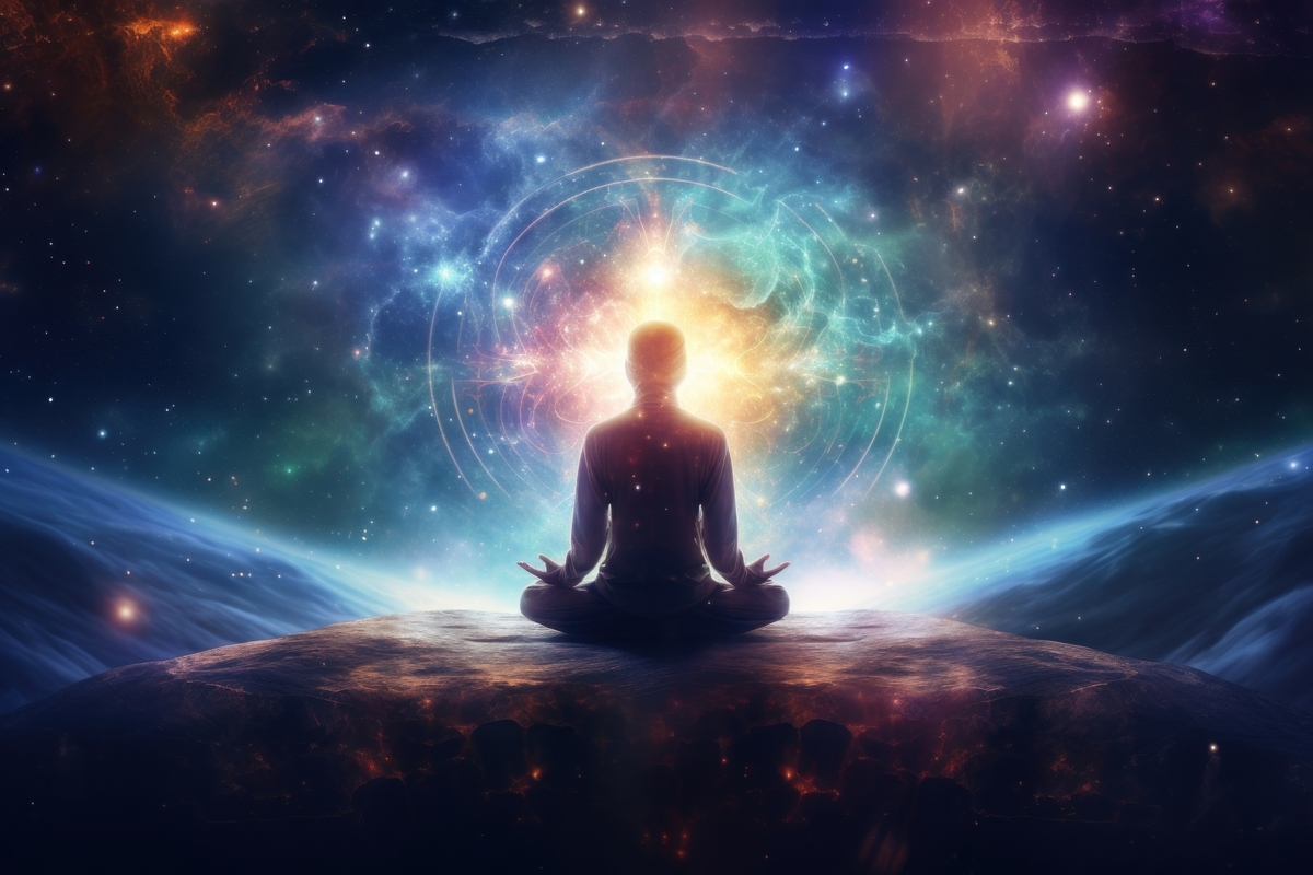 Méditation et énergie des chakras : silhouette en posture de lotus dans un univers lumineux